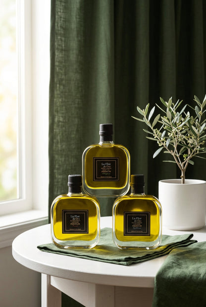 Zestaw MIX trzech oliw extra virgin Premium La Flor de Oro 100 ml: Arbequina, Hojiblanca i Picual