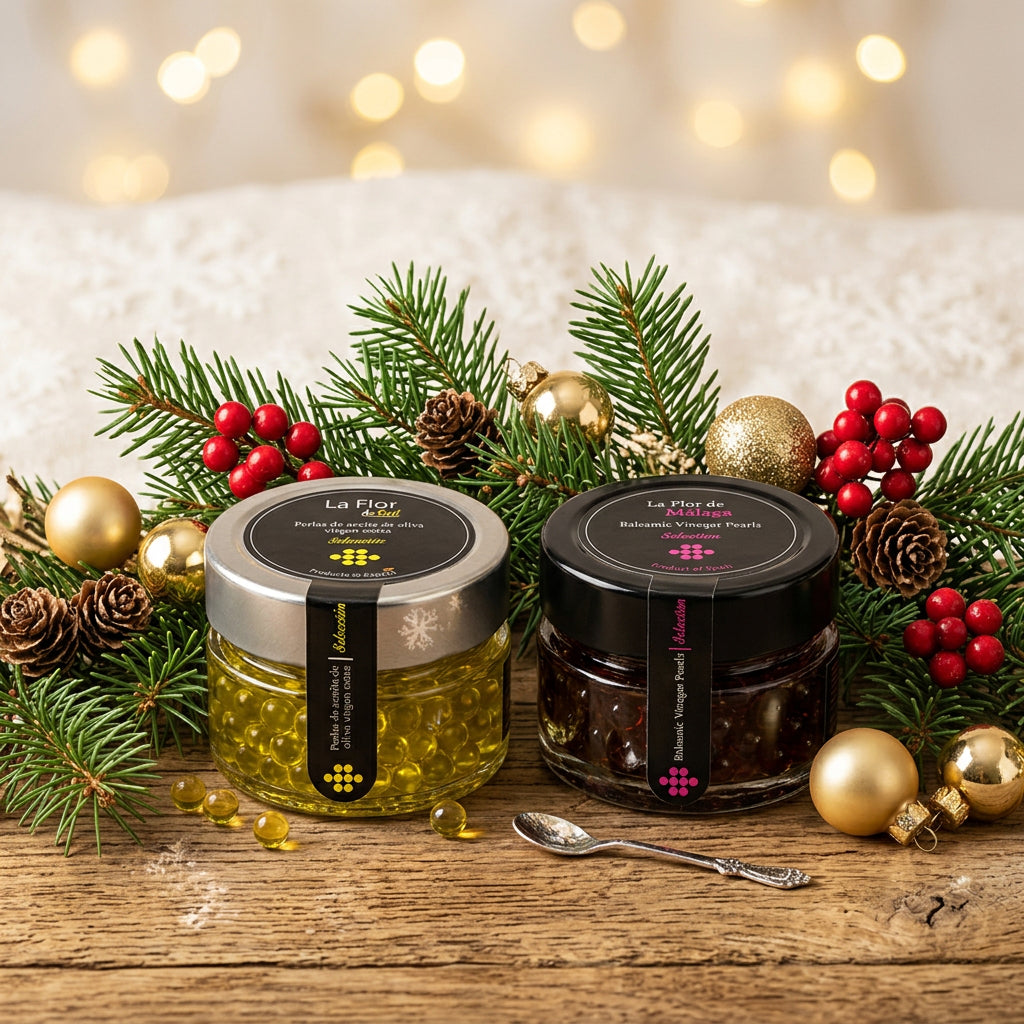 Zestaw pereł gourmet: perły z oliwy extra virgin La Flor de Oro i perły z octu balsamicznego La Flor de Málaga